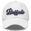 White classic dad hat with retro Buffalo hockey script embroidery in blue white and gold team colors, Buffalo hockey inspired cap.