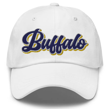 White classic dad hat with retro Buffalo hockey script embroidery in blue white and gold team colors, Buffalo hockey inspired cap.