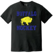 Buffalo hockey graphic tee in black, distressed blue varsity text with yellow buffalo silhouette, classic hockey fan shirt.
