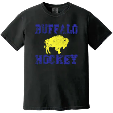 Buffalo hockey graphic tee in black, distressed blue varsity text with yellow buffalo silhouette, classic hockey fan shirt.