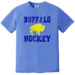 Buffalo hockey t-shirt in blue, distressed varsity lettering with yellow buffalo design, vintage sports style fan tee.