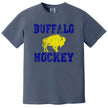 Vintage Buffalo hockey tee in dark blue, distressed varsity lettering with yellow buffalo silhouette, classic sports fan shirt