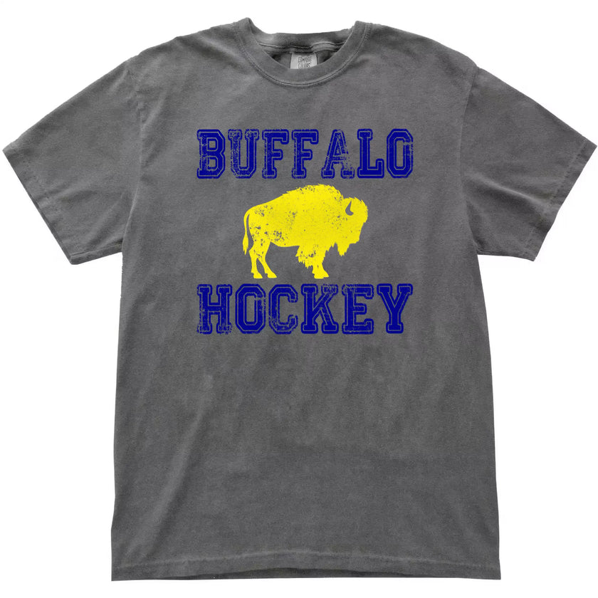 Buffalo hockey distressed varsity t-shirt in grey, bold blue lettering with yellow buffalo graphic, vintage sports fan tee.