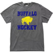 Buffalo hockey distressed varsity t-shirt in grey, bold blue lettering with yellow buffalo graphic, vintage sports fan tee.