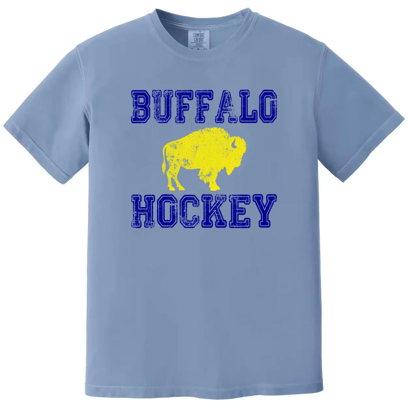 Buffalo hockey graphic t-shirt in light blue, distressed blue varsity text with yellow buffalo design, retro fan tee