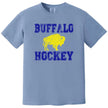 Buffalo hockey graphic t-shirt in light blue, distressed blue varsity text with yellow buffalo design, retro fan tee