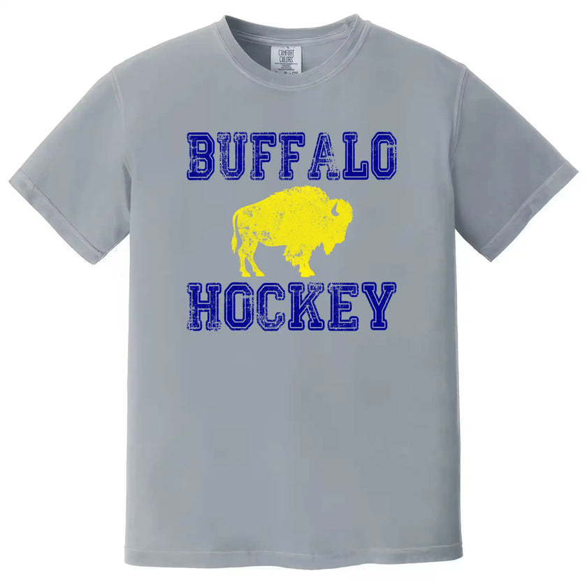 Buffalo hockey varsity shirt in light grey, distressed blue lettering with yellow buffalo graphic, vintage hockey fan tee.