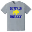 Buffalo hockey varsity shirt in light grey, distressed blue lettering with yellow buffalo graphic, vintage hockey fan tee.