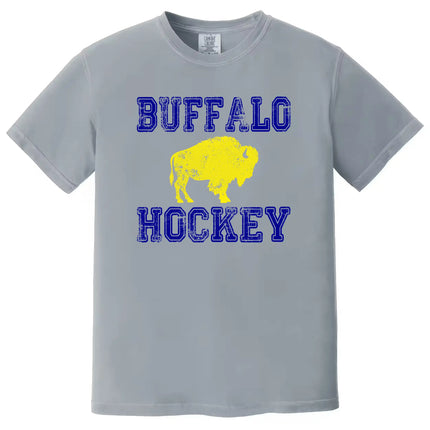 Buffalo hockey varsity shirt in light grey, distressed blue lettering with yellow buffalo graphic, vintage hockey fan tee.