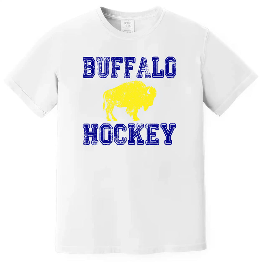 Buffalo hockey distressed shirt in white, bold blue varsity text with yellow buffalo graphic, retro hockey fan apparel.