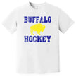 Buffalo hockey distressed shirt in white, bold blue varsity text with yellow buffalo graphic, retro hockey fan apparel.