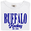 White Buffalo Hockey Est. 1970 t-shirt featuring striking blue vintage-style lettering, clean classic apparel for proud Buffalo hockey fans.
