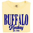 Yellow Buffalo Hockey Est. 1970 graphic tee with bold blue retro lettering, classic fan apparel honoring Buffalo's hockey heritage since 1970