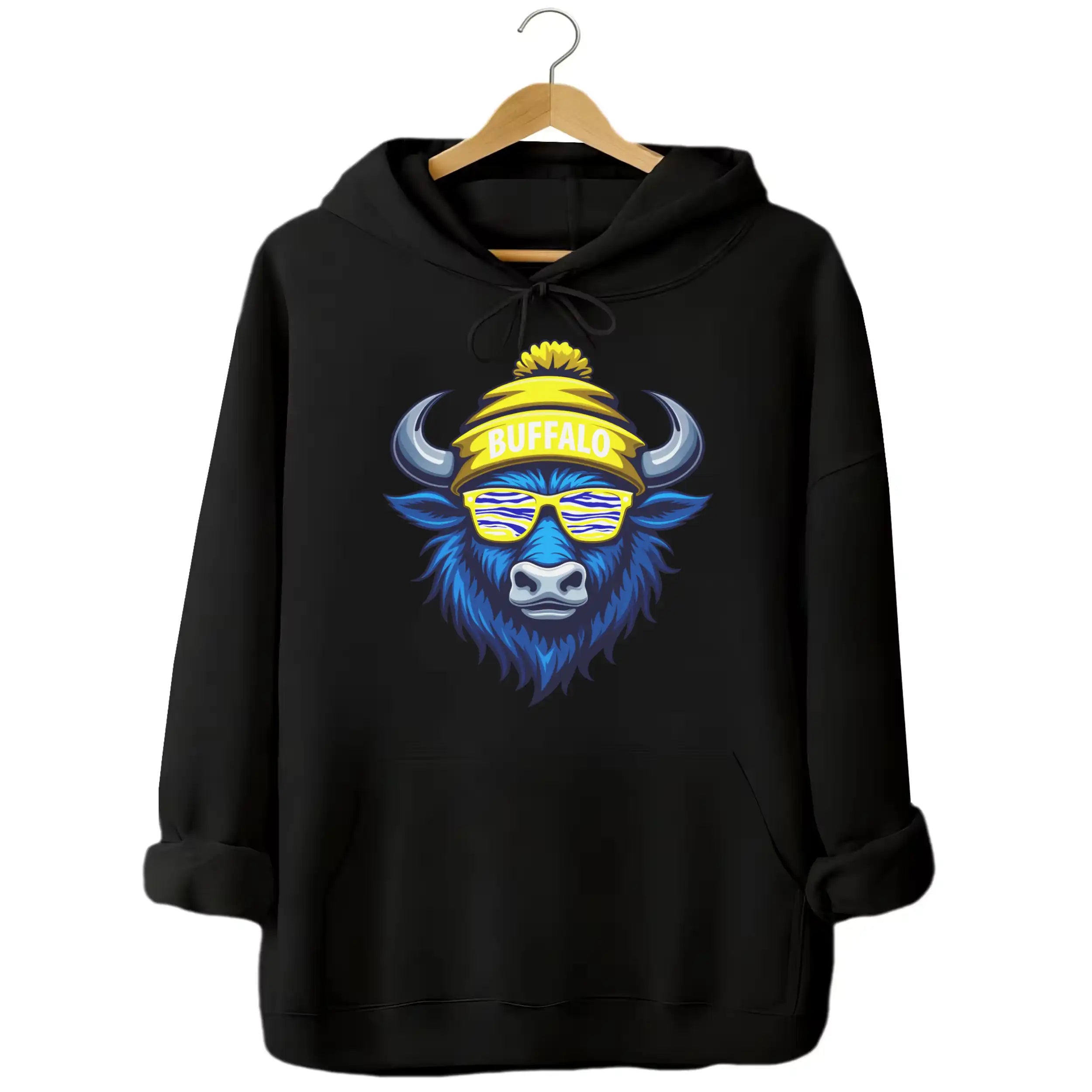 Buffalo hockey hoodie in black, cool blue buffalo mascot wearing blue white gold striped sunglasses and winter beanie, bold fan graphic hoodie.