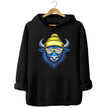 Buffalo hockey hoodie in black, cool blue buffalo mascot wearing blue white gold striped sunglasses and winter beanie, bold fan graphic hoodie.
