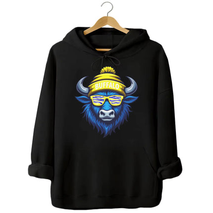 Buffalo hockey hoodie in black, cool blue buffalo mascot wearing blue white gold striped sunglasses and winter beanie, bold fan graphic hoodie.