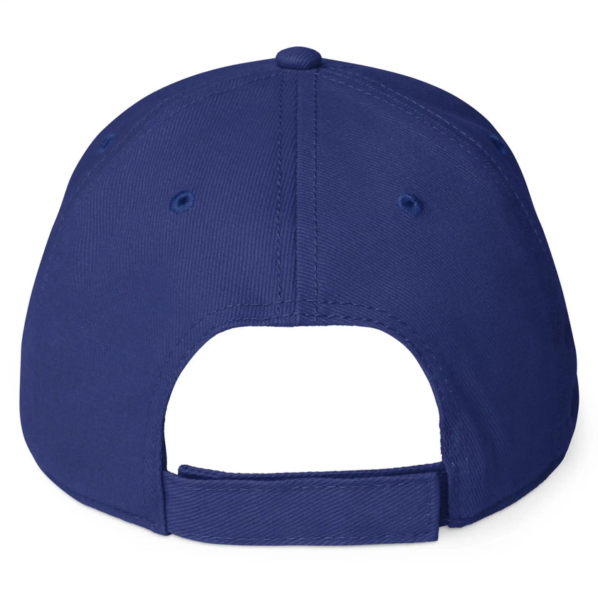 Blue low profile Buffalo hockey hat back view showing adjustable strap and clean embroidered game day cap design.