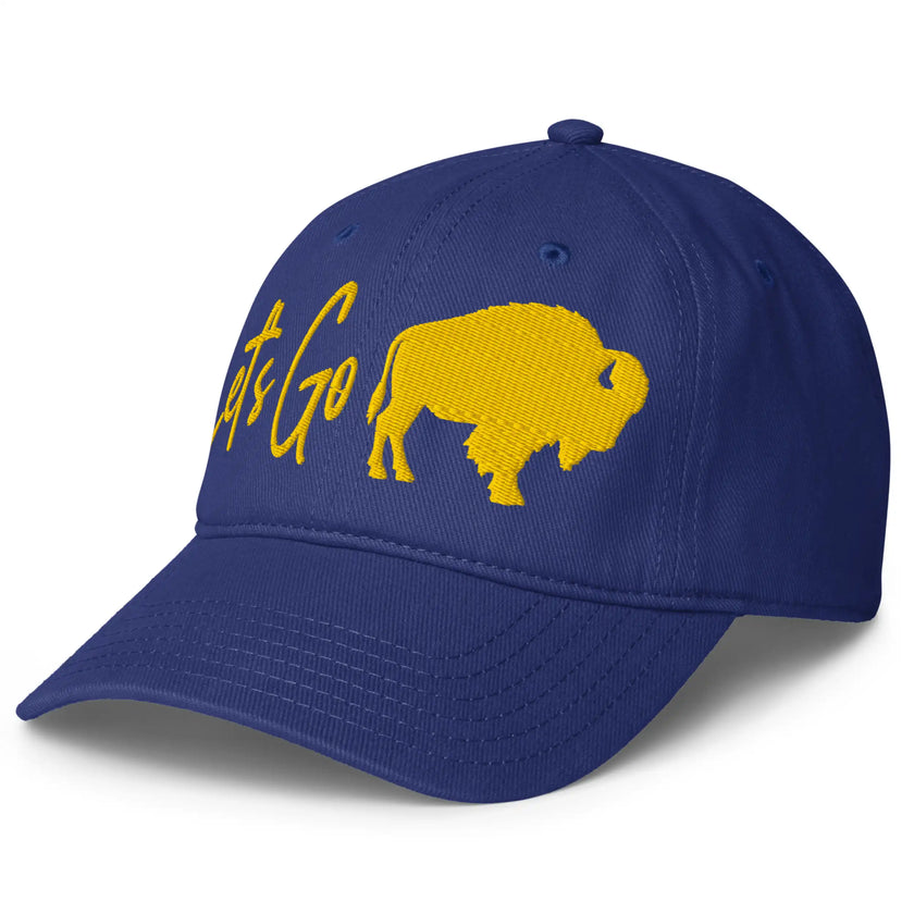 Blue low profile Buffalo hockey cap left side view featuring gold embroidered ‘Let’s Go Buffalo’ silhouette design.