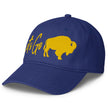 Blue low profile Buffalo hockey cap left side view featuring gold embroidered ‘Let’s Go Buffalo’ silhouette design.