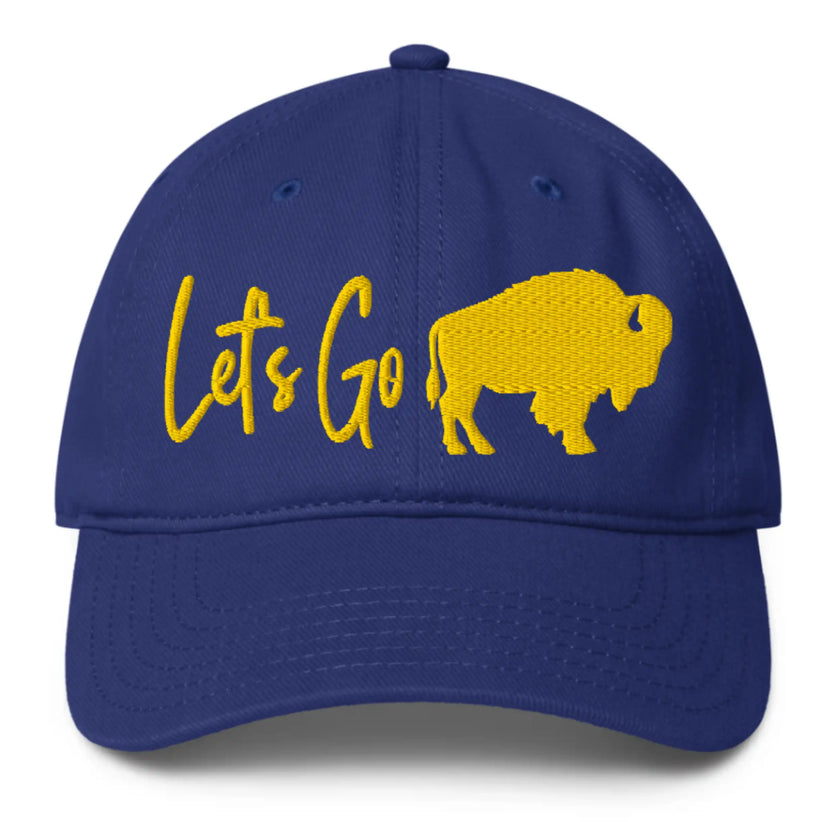 Blue low profile Buffalo hockey hat featuring creative ‘Let’s Go Buffalo’ silhouette design in gold embroidery, stylish game day cap.