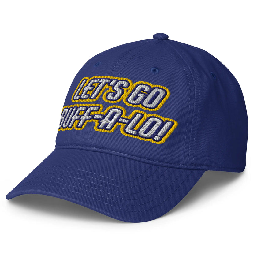 Blue low profile Buffalo hockey hat left side view featuring ‘Lets Go Buffalo’ embroidery in white with blue and gold outline.