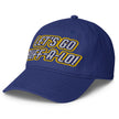 Blue low profile Buffalo hockey hat left side view featuring ‘Lets Go Buffalo’ embroidery in white with blue and gold outline.