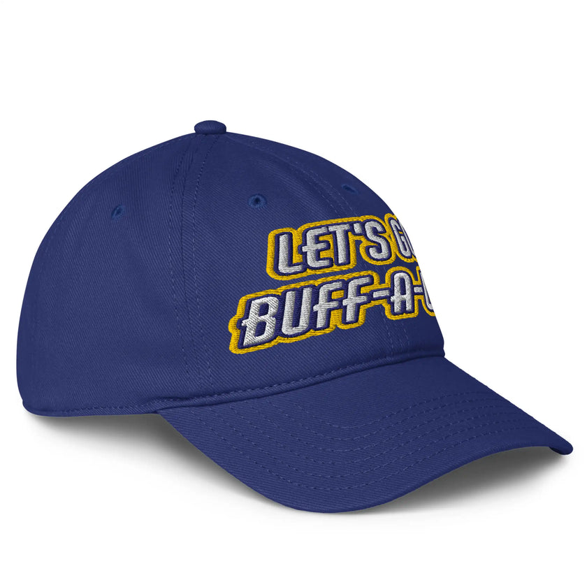 Blue low profile Buffalo hockey hat right side view showing embroidered ‘Lets Go Buffalo’ design and curved brim.