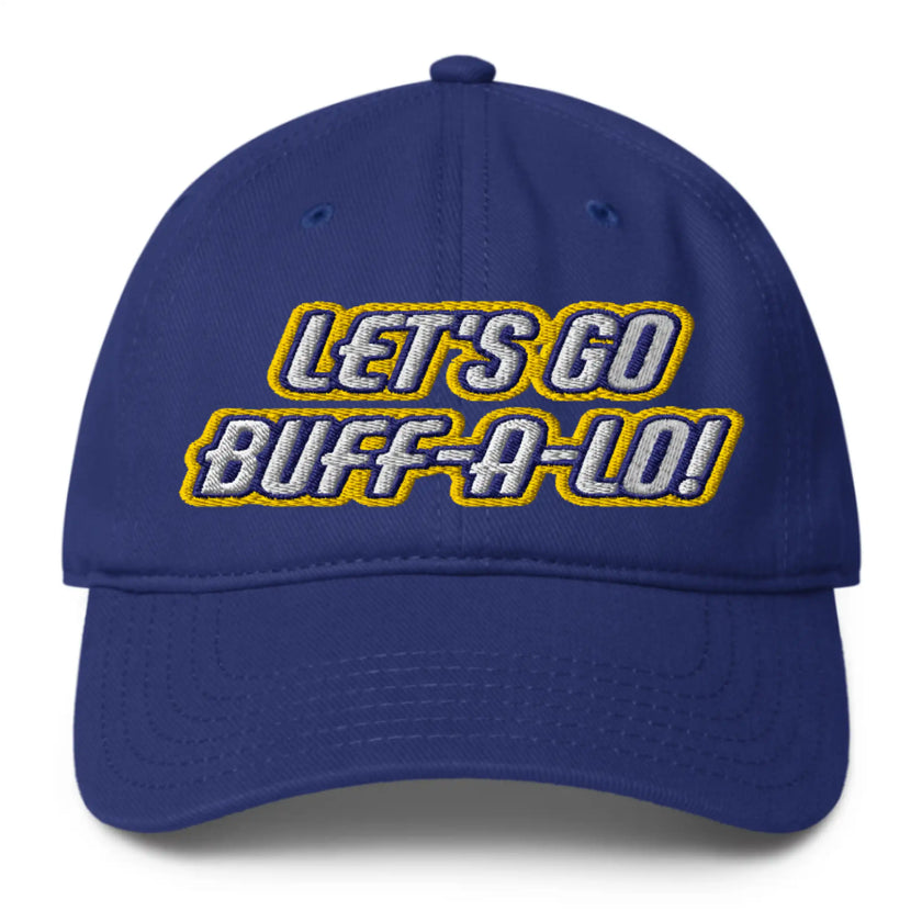 Blue low profile Buffalo hockey hat featuring ‘Lets Go Buffalo’ embroidery in white with blue and gold outline, stylish Buffalo hockey fan cap.