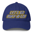 Blue low profile Buffalo hockey hat featuring ‘Lets Go Buffalo’ embroidery in white with blue and gold outline, stylish Buffalo hockey fan cap.