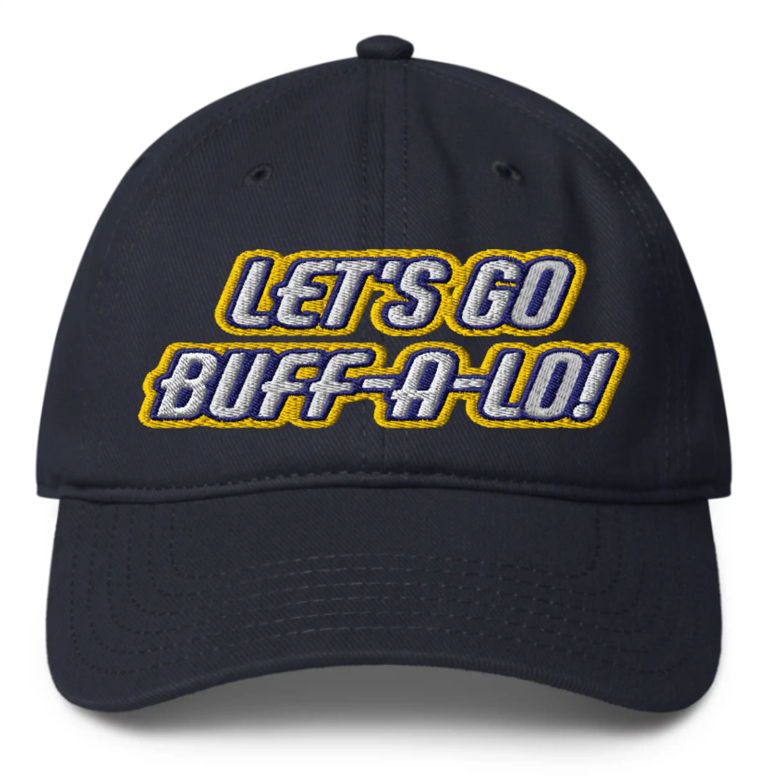 Navy low profile Buffalo hockey hat with ‘Lets Go Buffalo’ embroidered text in white with blue and gold outline, Buffalo hockey game day cap.