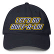 Navy low profile Buffalo hockey hat with ‘Lets Go Buffalo’ embroidered text in white with blue and gold outline, Buffalo hockey game day cap.