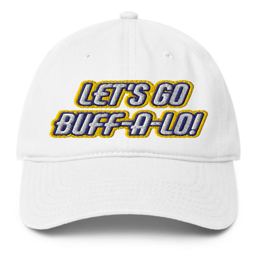 White low profile Buffalo hockey hat featuring ‘Lets Go Buffalo’ embroidery in white with blue and gold outline, bold game day cap design.