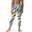 Back view of blue and gold Buffalo fan leggings showcasing an eye-catching hockey-inspired stripe design with a sleek fitted silhouette.