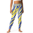 Adult Buffalo hockey leggings featuring a bold blue and gold striped pattern with signature Buffalo silhouettes, designed for standout hockey fan style.