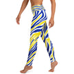 Left side view of adult hockey leggings displaying the unique Buffalo stripe pattern in vibrant blue and gold, perfect for showing team pride.