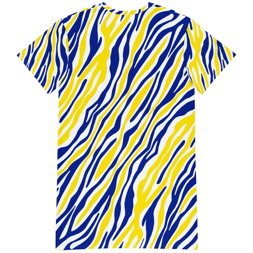 Back flat lay of Buffalo hockey fan t-shirt dress highlighting the unique signature stripe pattern and vibrant blue and gold color combination.