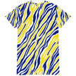 Back flat lay of Buffalo hockey fan t-shirt dress highlighting the unique signature stripe pattern and vibrant blue and gold color combination.