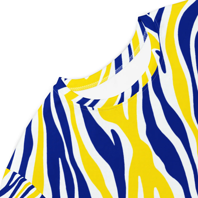 Close-up of the neckline on the signature Buffalo hockey t-shirt dress, showing the vibrant blue and gold striped Buffalo pattern and comfortable oversized design.