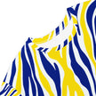 Close-up of the neckline on the signature Buffalo hockey t-shirt dress, showing the vibrant blue and gold striped Buffalo pattern and comfortable oversized design.