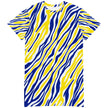 Front flat lay of oversized Buffalo hockey t-shirt dress displaying the signature blue and gold striped Buffalo pattern in a bold, original all-over design.