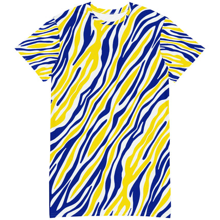 Front flat lay of oversized Buffalo hockey t-shirt dress displaying the signature blue and gold striped Buffalo pattern in a bold, original all-over design.