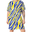 Bold oversized Buffalo hockey t-shirt dress featuring the signature original blue and gold Buffalo stripe pattern, an eye-catching statement piece made for fans who want to stand out.