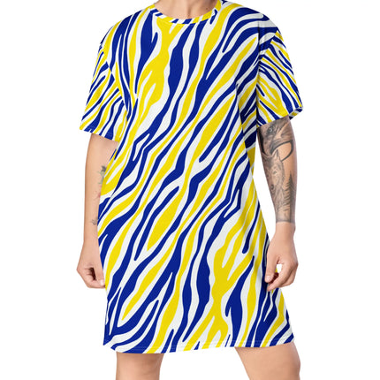 Bold oversized Buffalo hockey t-shirt dress featuring the signature original blue and gold Buffalo stripe pattern, an eye-catching statement piece made for fans who want to stand out.