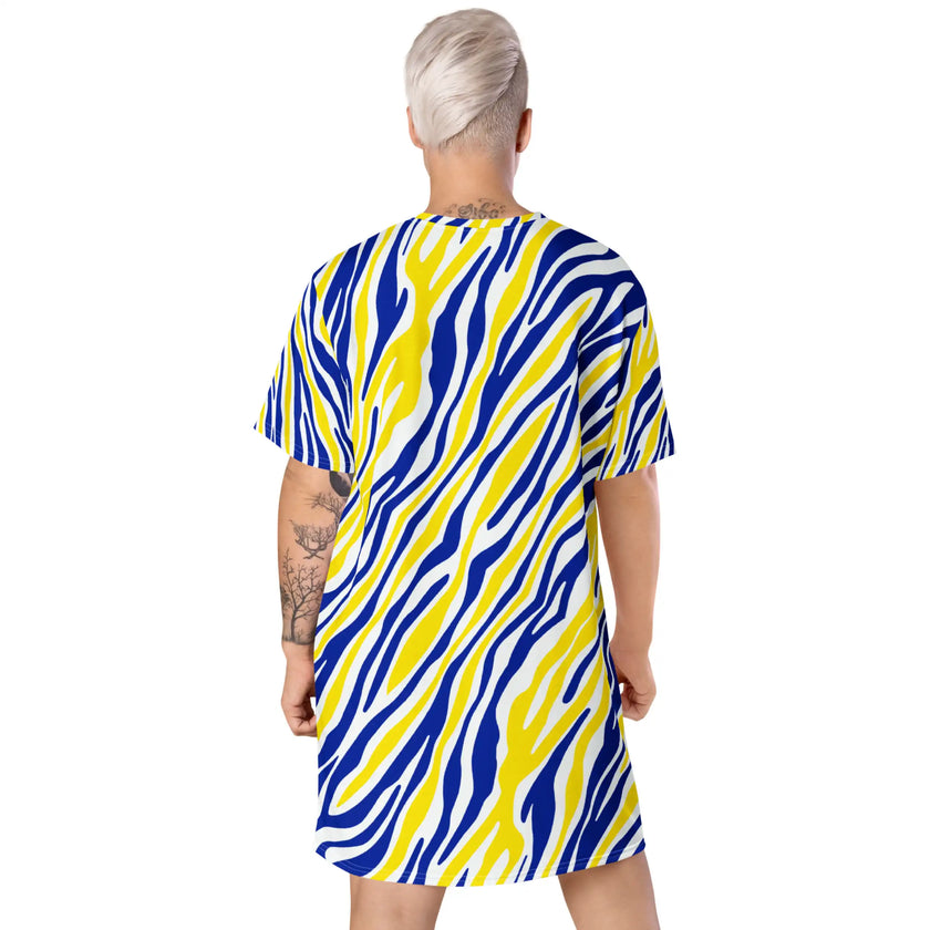 Back view of the original Buffalo hockey stripe t-shirt dress showcasing a vibrant blue and gold pattern that turns classic fan pride into standout everyday fashion.