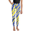 Youth Buffalo hockey leggings featuring bold blue and gold stripes with signature Buffalo silhouettes, colorful activewear for young hockey fans.