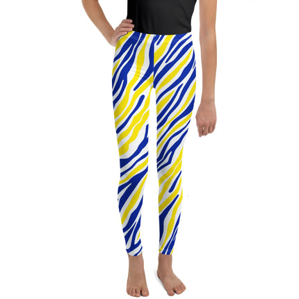 Youth Buffalo hockey leggings featuring bold blue and gold stripes with signature Buffalo silhouettes, colorful activewear for young hockey fans.