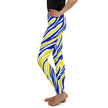 Left side view of kids’ hockey leggings displaying the original Buffalo stripe pattern in bright blue and gold colors.