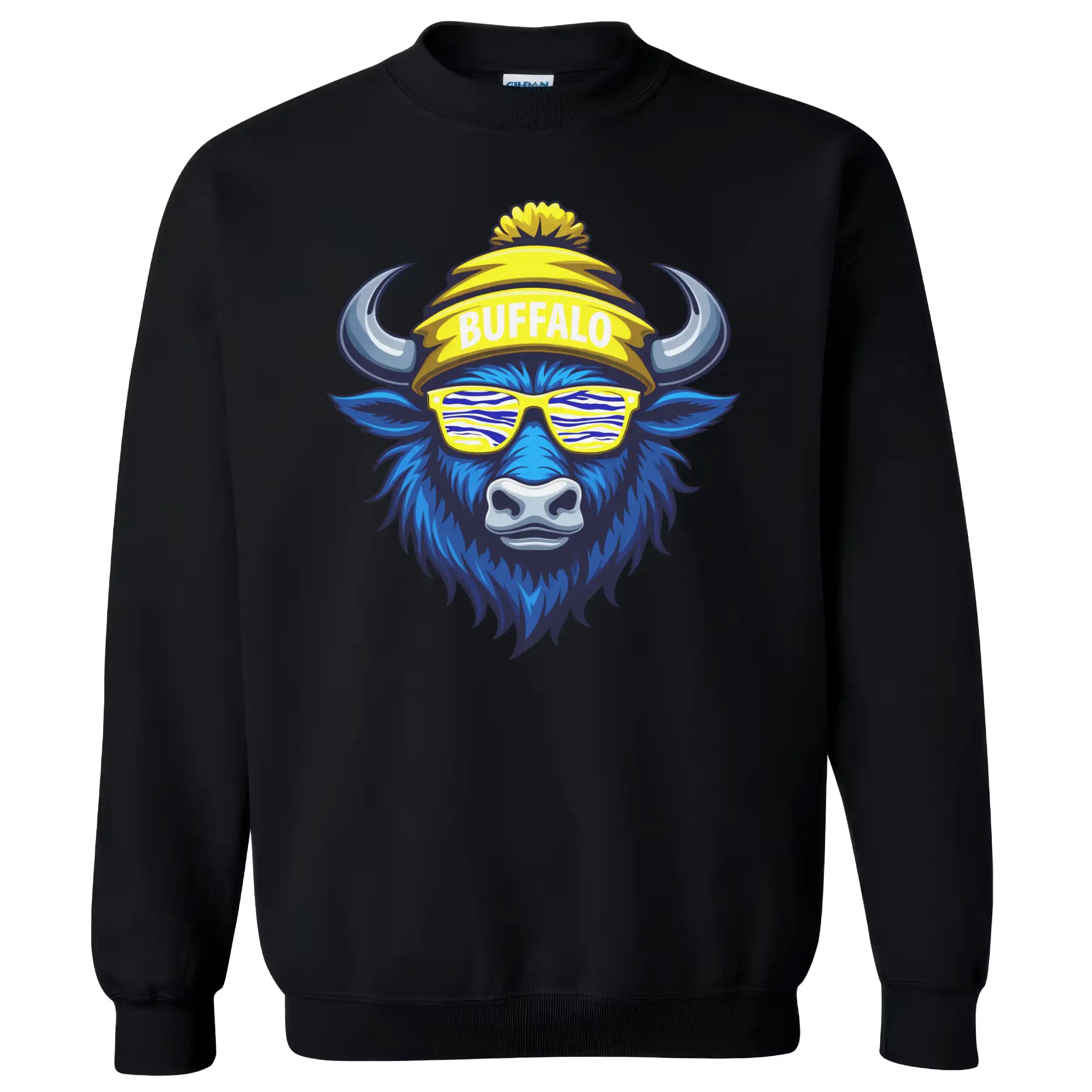 Buffalo hockey crewneck in black, stylish blue buffalo graphic with striped team color sunglasses, modern sports fan sweatshirt