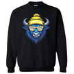 Buffalo hockey crewneck in black, stylish blue buffalo graphic with striped team color sunglasses, modern sports fan sweatshirt