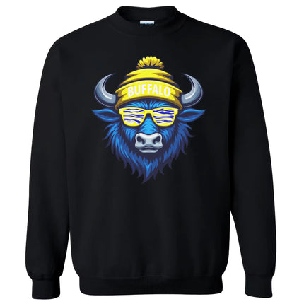 Buffalo hockey crewneck in black, stylish blue buffalo graphic with striped team color sunglasses, modern sports fan sweatshirt